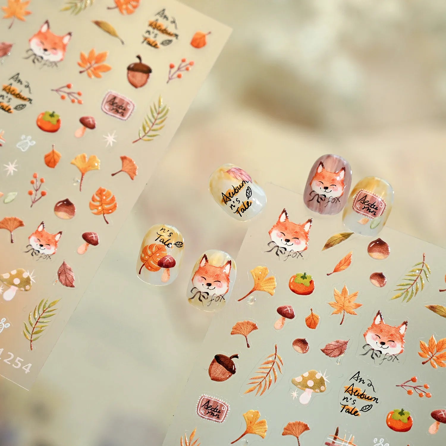 Cute Autumn Fox Nail Stickers | Fall Maple Leaf & Pumpkin Nail Decals M1254