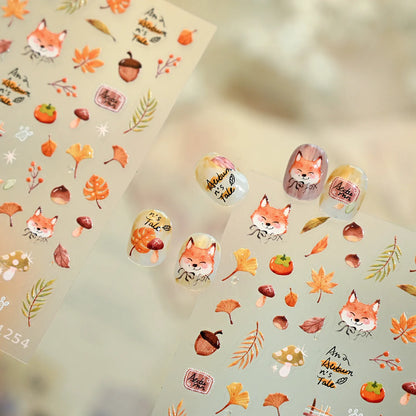 Cute Autumn Fox Nail Stickers | Fall Maple Leaf & Pumpkin Nail Decals M1254