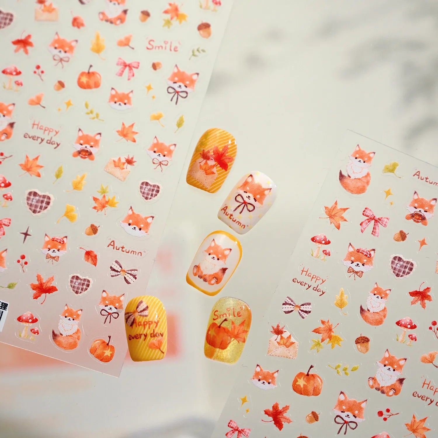 Cute Autumn Fox Nail Stickers | Fall Maple Leaf & Pumpkin Nail Decals TS4192