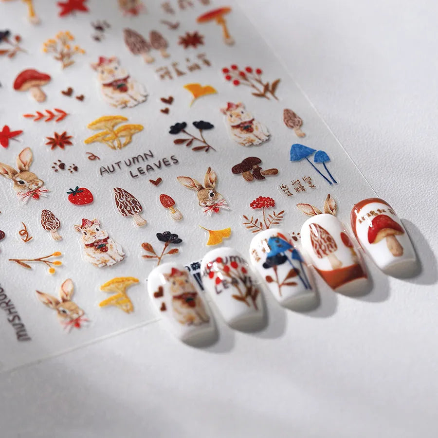 Cute Autumn Rabbit Mushroom Nail Stickers | Fall Forest Nail Art Decals 3829