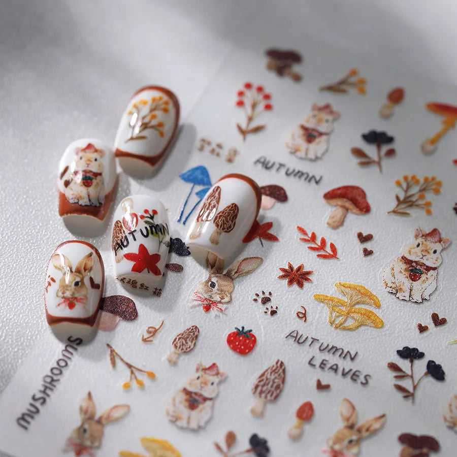Cute Autumn Rabbit Mushroom Nail Stickers | Fall Forest Nail Art Decals 3829
