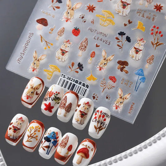 Cute Autumn Rabbit Mushroom Nail Stickers | Fall Forest Nail Art Decals 3829