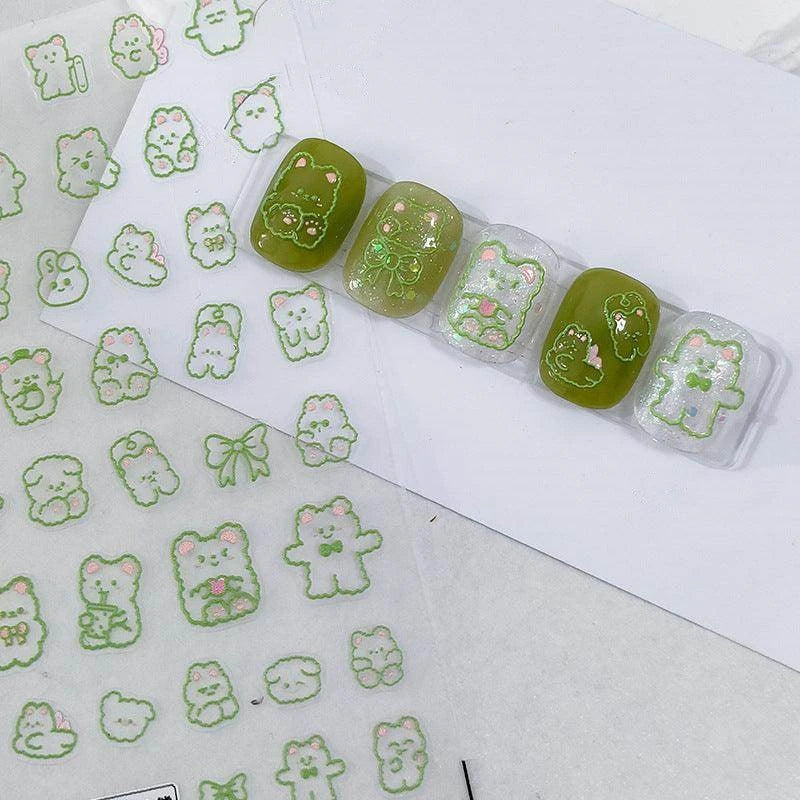 Cute Bear Nail Art Stickers Adhesive Slider Embossed Outline Bear Sticker Decals 