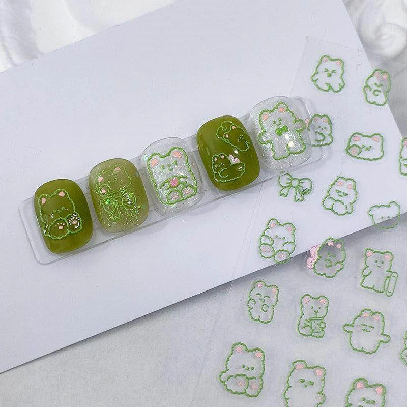 Cute Bear Nail Art Stickers Adhesive Slider Embossed Outline Bear Sticker Decals 