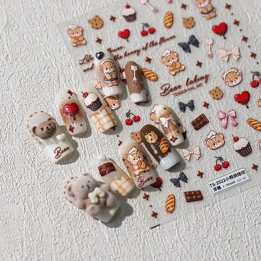 Cute Bear Nail Art Stickers Bakery Cookie Adhesive Slider Sticker Decals TS3522