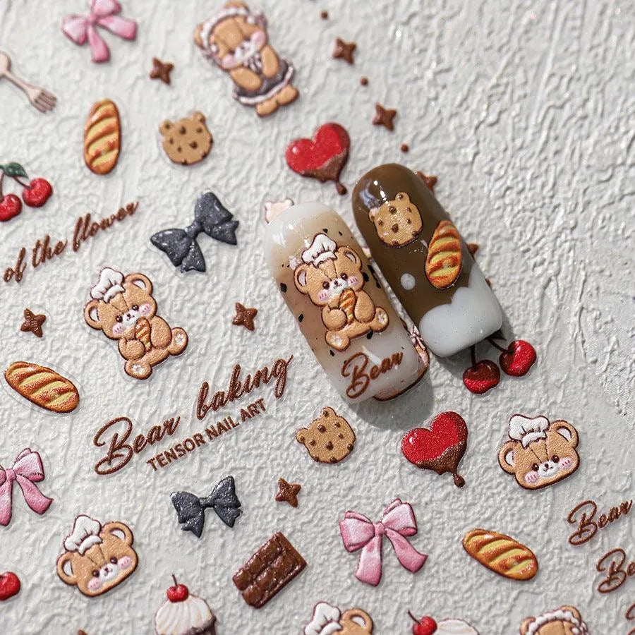 Cute Bear Nail Art Stickers Bakery Cookie Adhesive Slider Sticker Decals TS3522