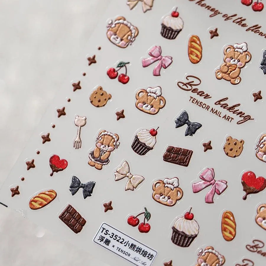 Cute Bear Nail Art Stickers Bakery Cookie Adhesive Slider Sticker Decals TS3522
