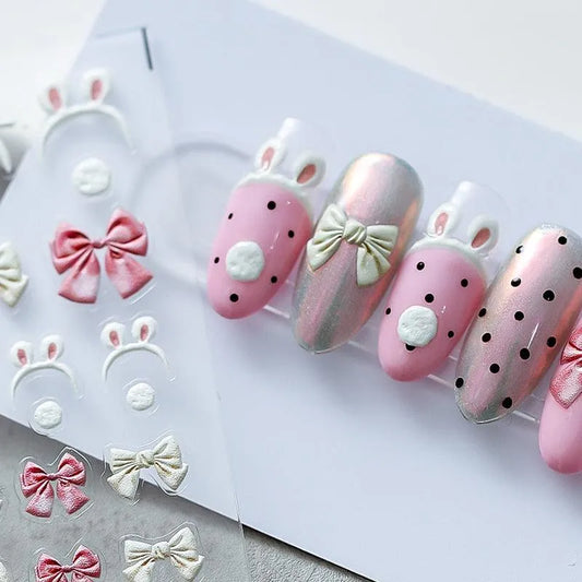 Cute Bunny Ears Design Nail Art Stickers 5D Pink Bow Adhesive Slider Sticker Decals TS1013