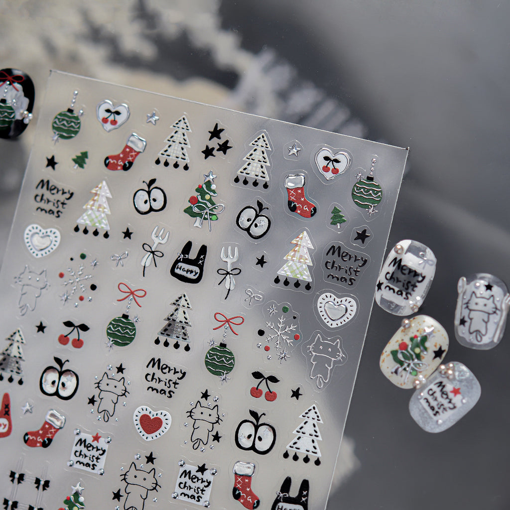 Cute Christmas Nail Art Stickers - Kawaii Cats, Xmas Trees, Snowflakes Decals 6120 