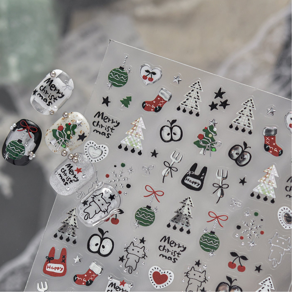 Cute Christmas Nail Art Stickers - Kawaii Cats, Xmas Trees, Snowflakes Decals 6120 