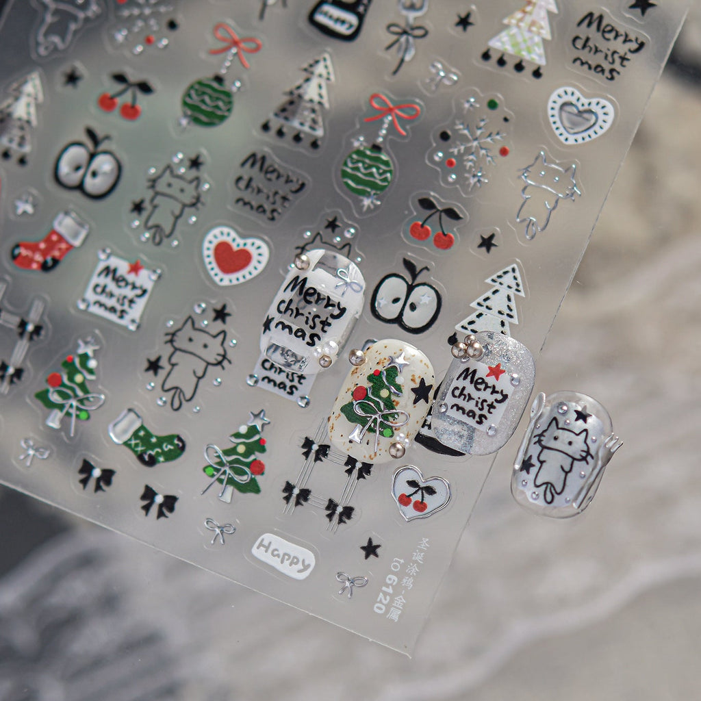 Cute Christmas Nail Art Stickers - Kawaii Cats, Xmas Trees, Snowflakes Decals 6120 
