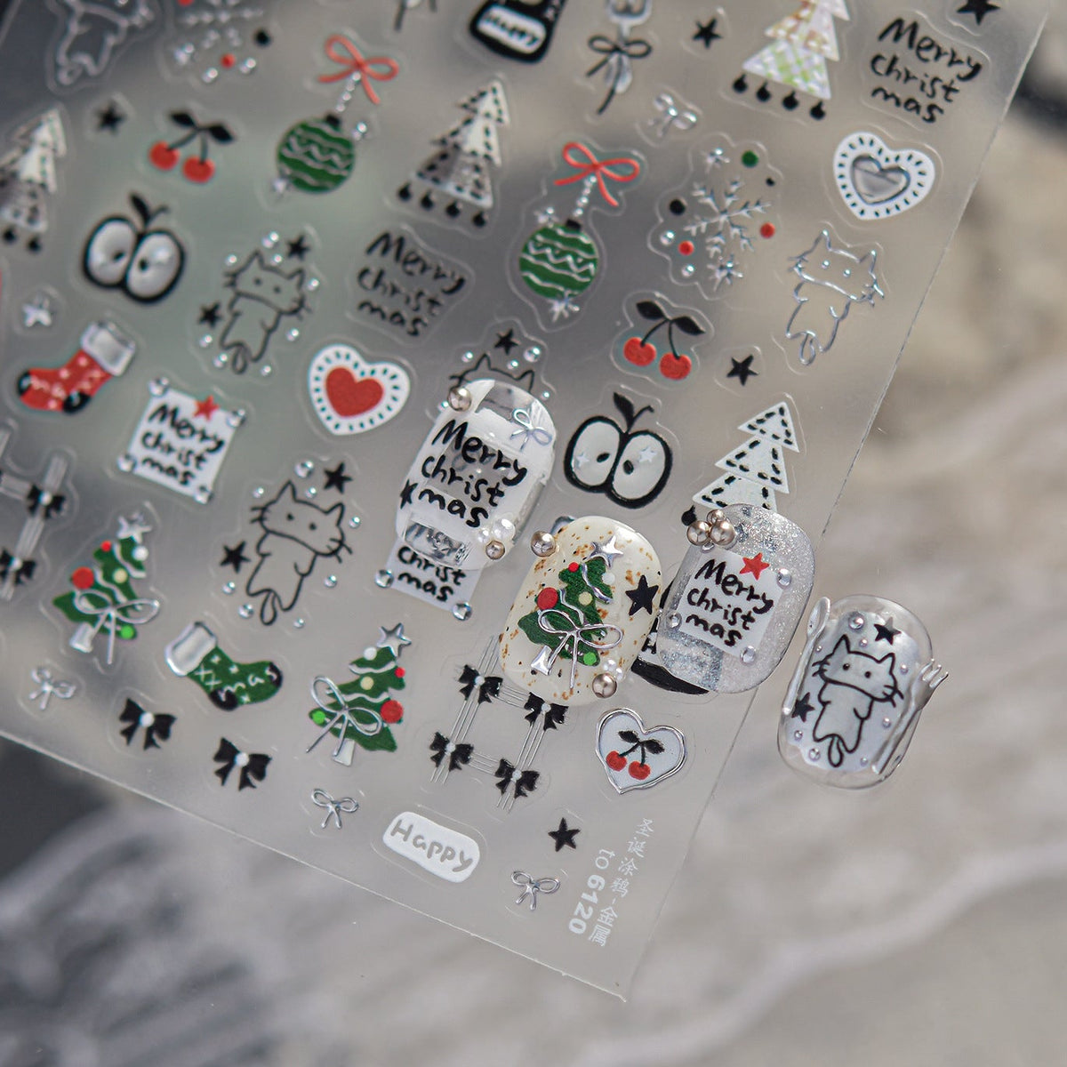 Cute Christmas Nail Art Stickers - Kawaii Cats, Xmas Trees, Snowflakes Decals 6120 
