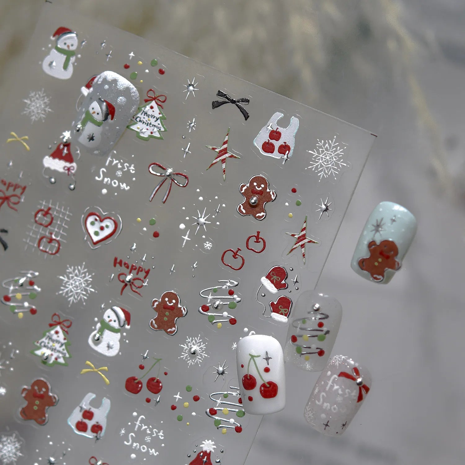 Cute Christmas Nail Stickers | Silver Chrome Gingerbread & Snowman Decals 5256