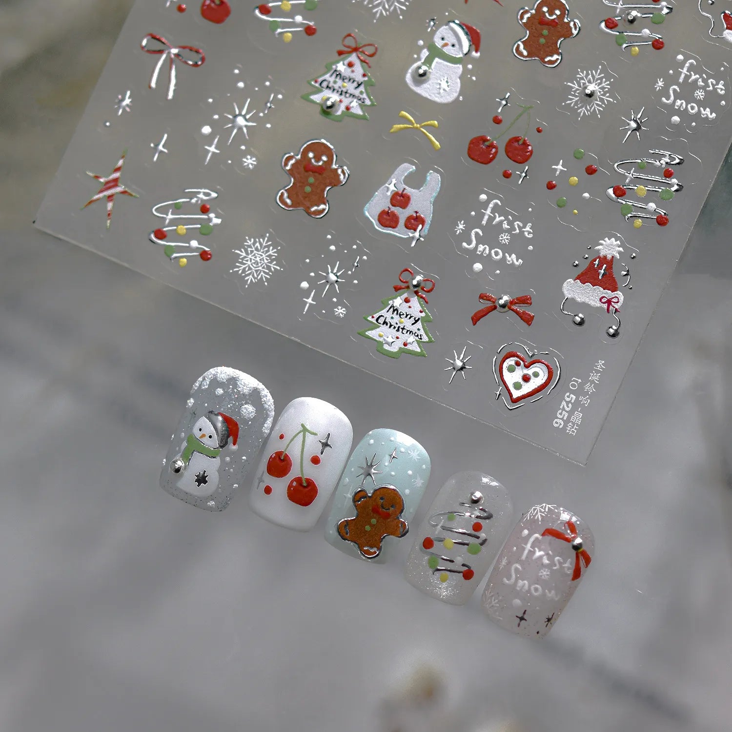 Cute Christmas Nail Stickers | Silver Chrome Gingerbread & Snowman Decals 5256