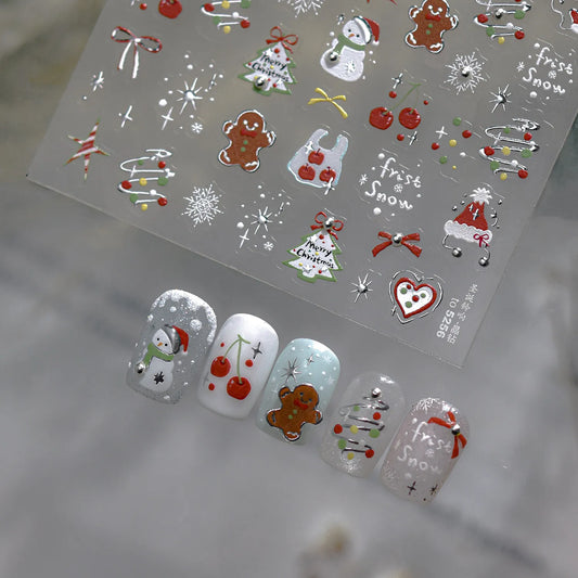 Cute Christmas Nail Stickers | Silver Chrome Gingerbread & Snowman Decals 5256