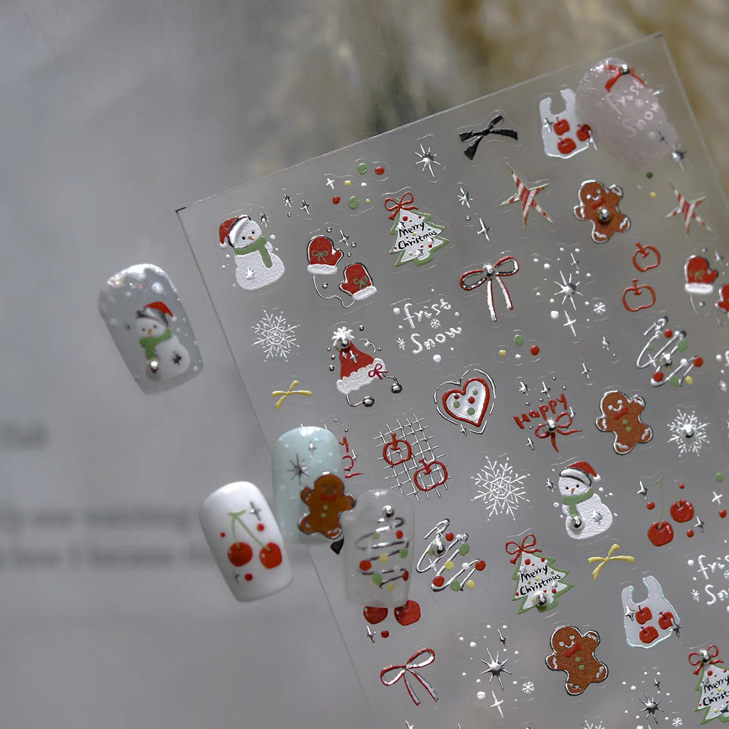 Cute Christmas Nail Stickers | Silver Chrome Gingerbread & Snowman Decals 5256