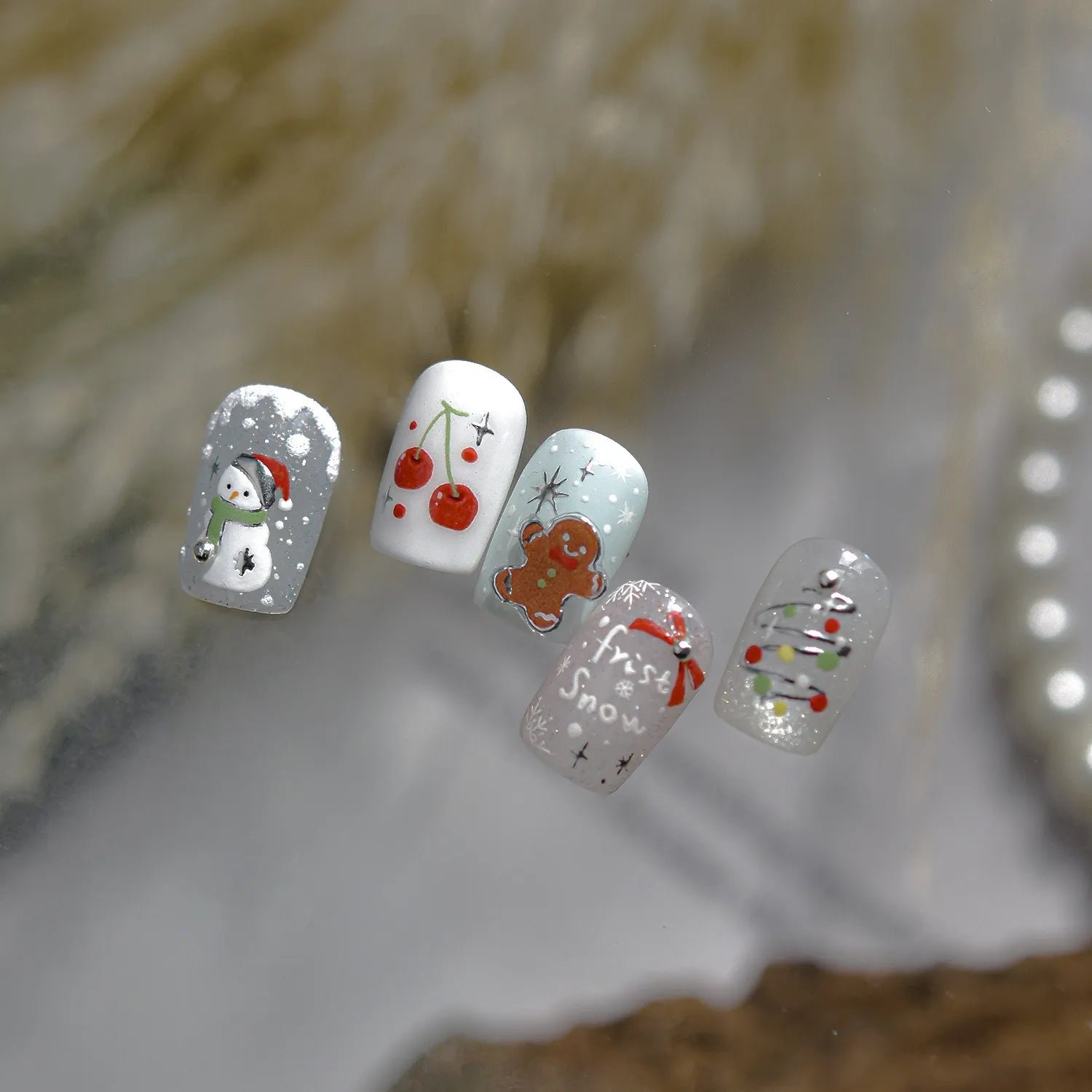 Cute Christmas Nail Stickers | Silver Chrome Gingerbread & Snowman Decals 5256