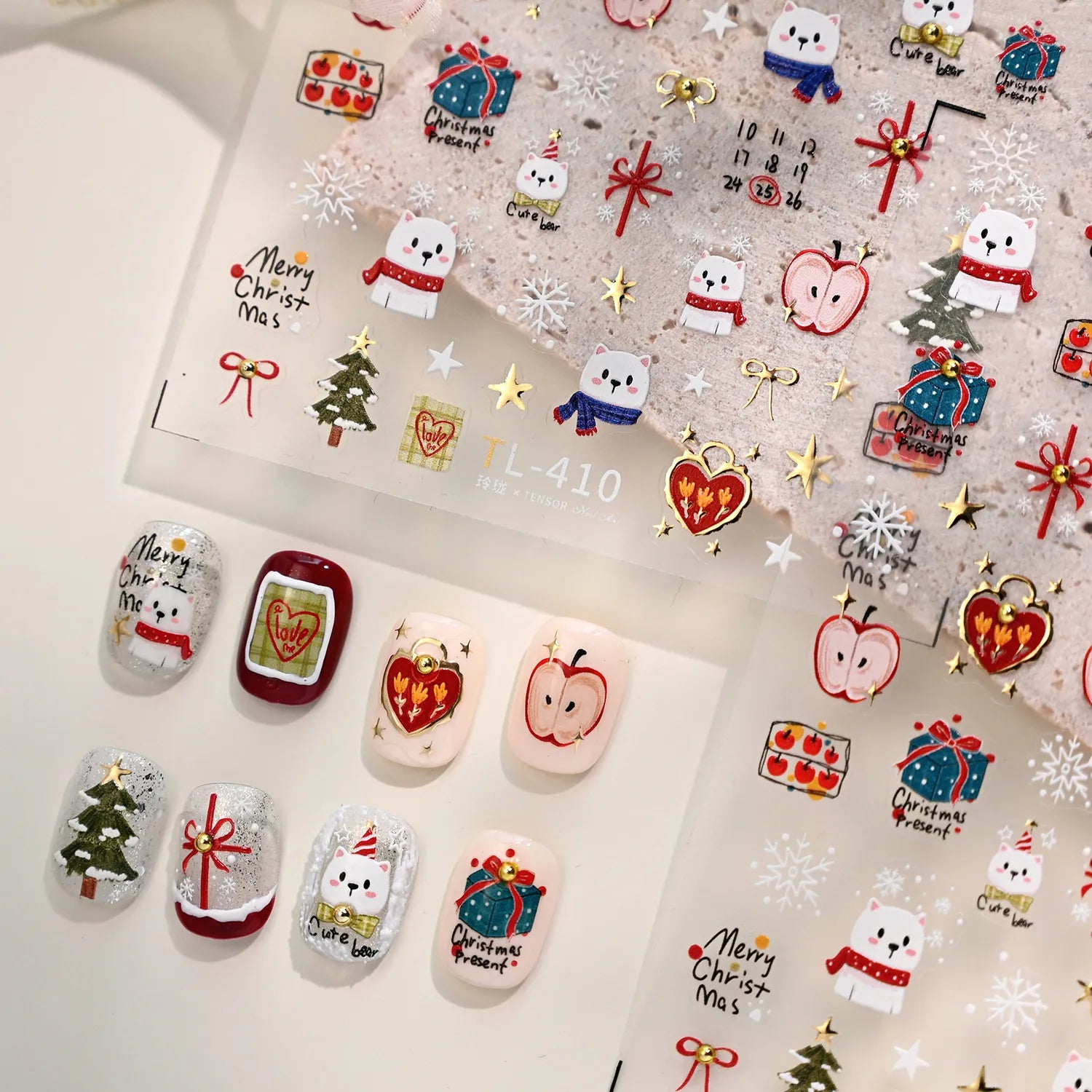 Cute Christmas Present Nail Stickers | Bear Snowflake Holiday Nail Decals TL410