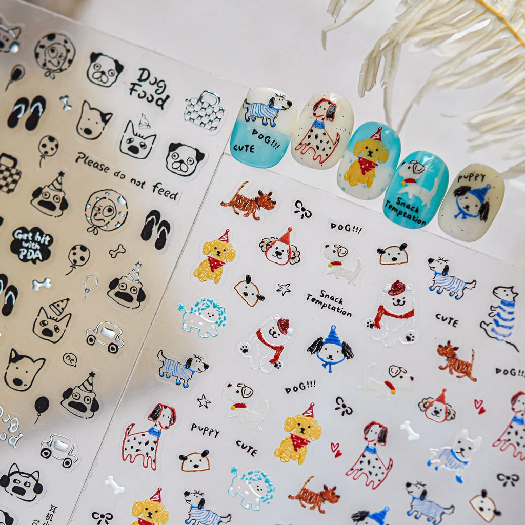 Cute Dog & Puppy Nail Art Stickers - Kawaii DIY Doodle Decals