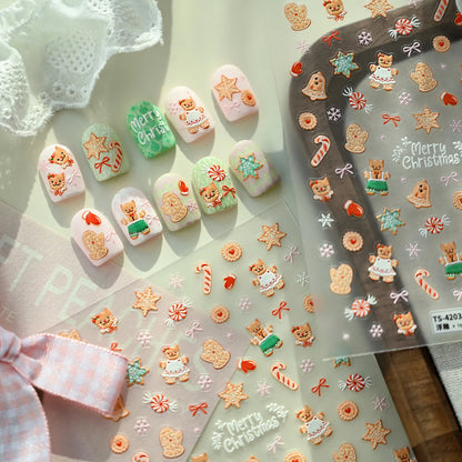 Cute Gingerbread Christmas Nail Stickers - Xmas Deer Tree Snowman Holiday Decals 