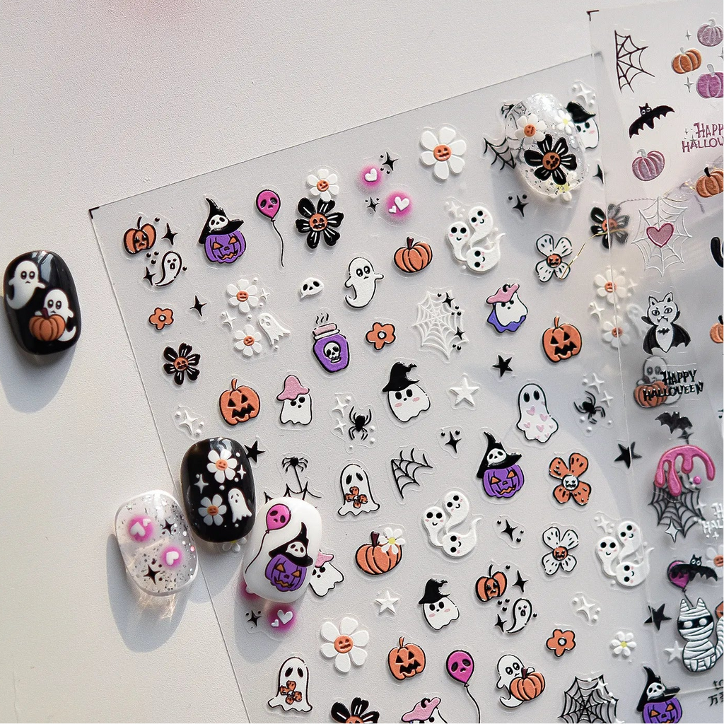 Cute Halloween 3D Nail Stickers - Spooky Cat, Ghost & Pumpkin Nail Art Decals