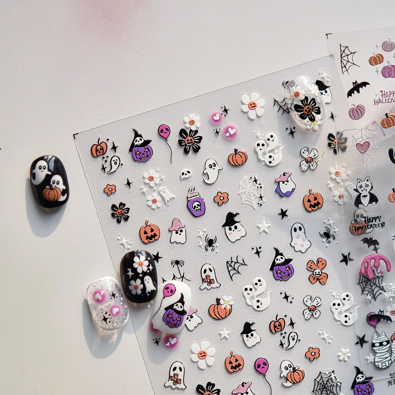Cute Halloween 3D Nail Stickers - Spooky Cat, Ghost & Pumpkin Nail Art Decals