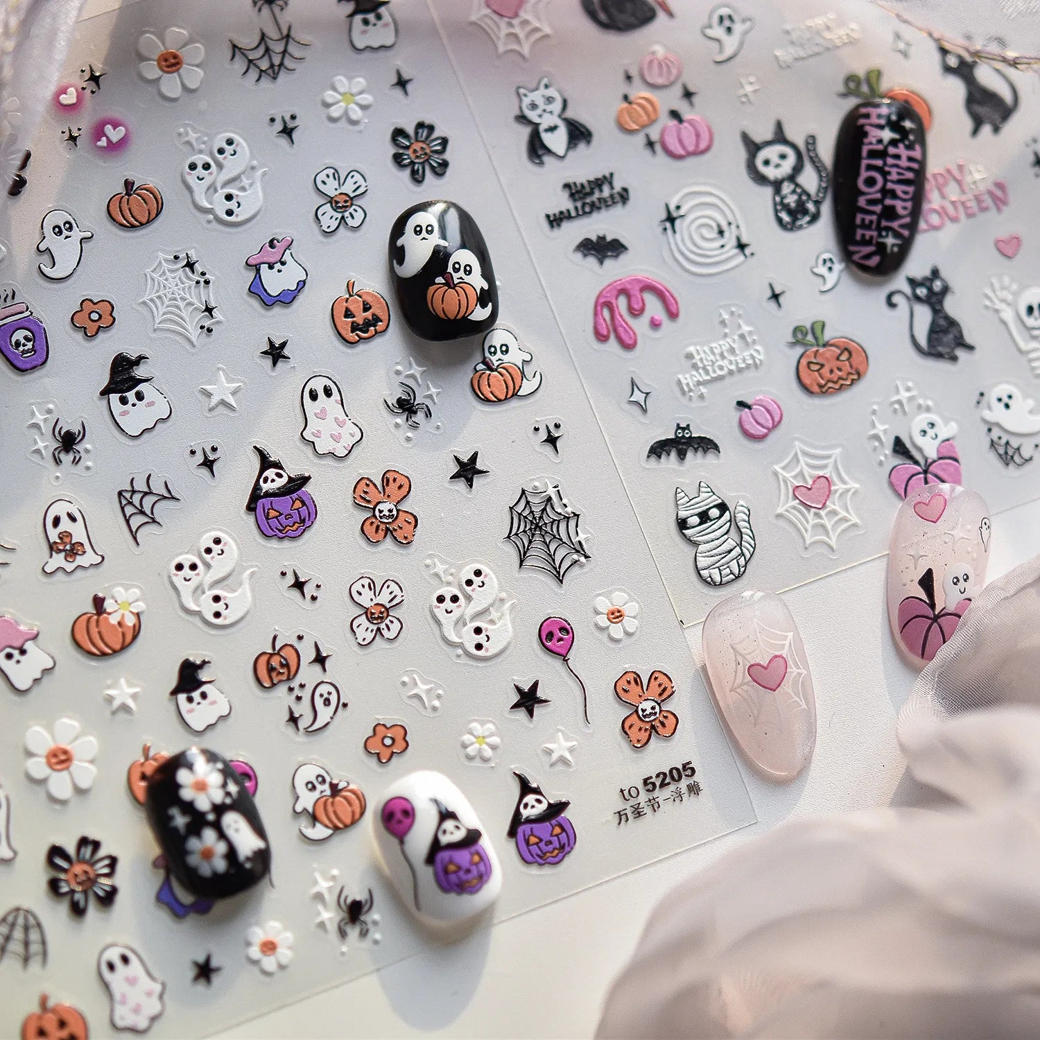 Cute Halloween 3D Nail Stickers - Spooky Cat, Ghost & Pumpkin Nail Art Decals