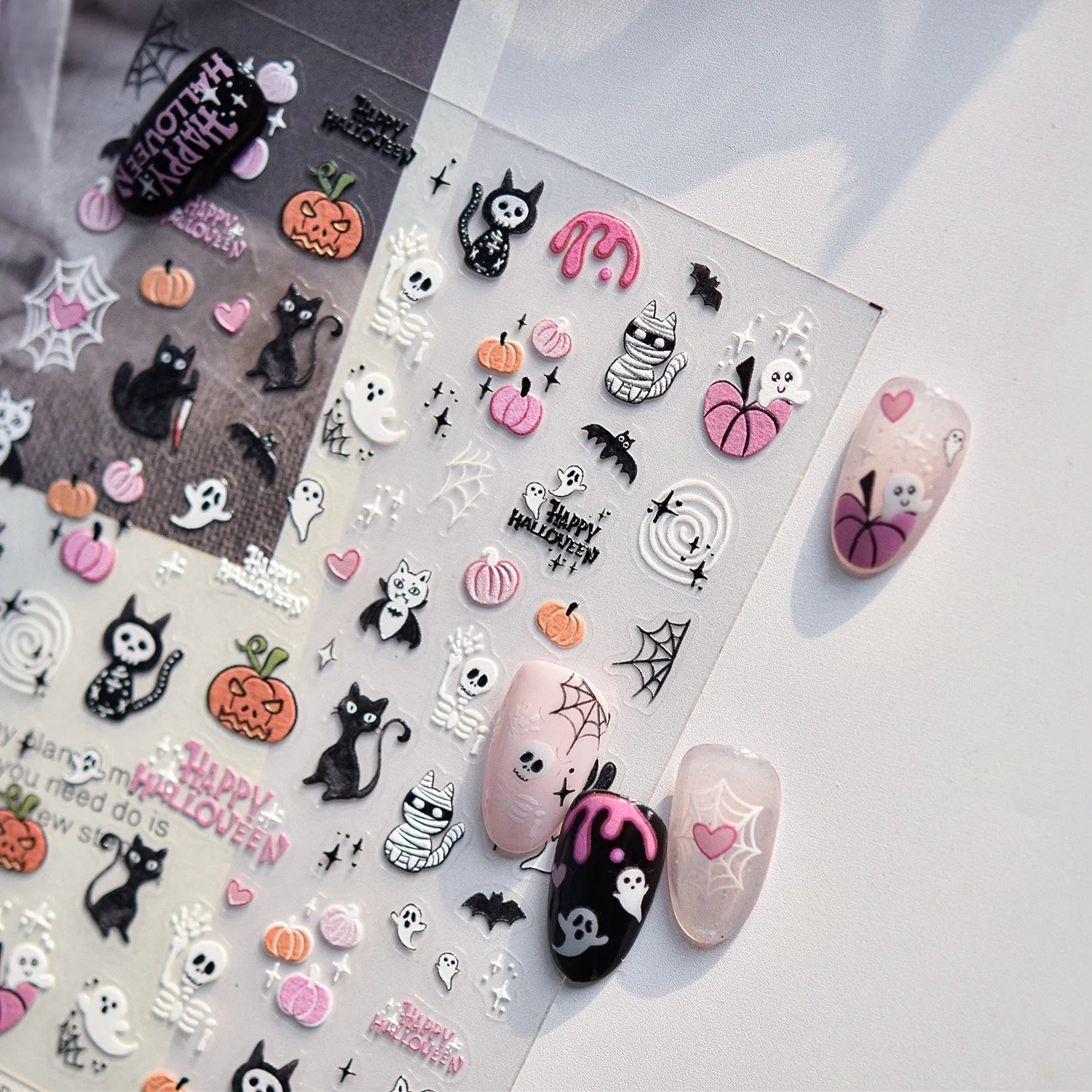Cute Halloween 3D Nail Stickers - Spooky Cat, Ghost & Pumpkin Nail Art Decals