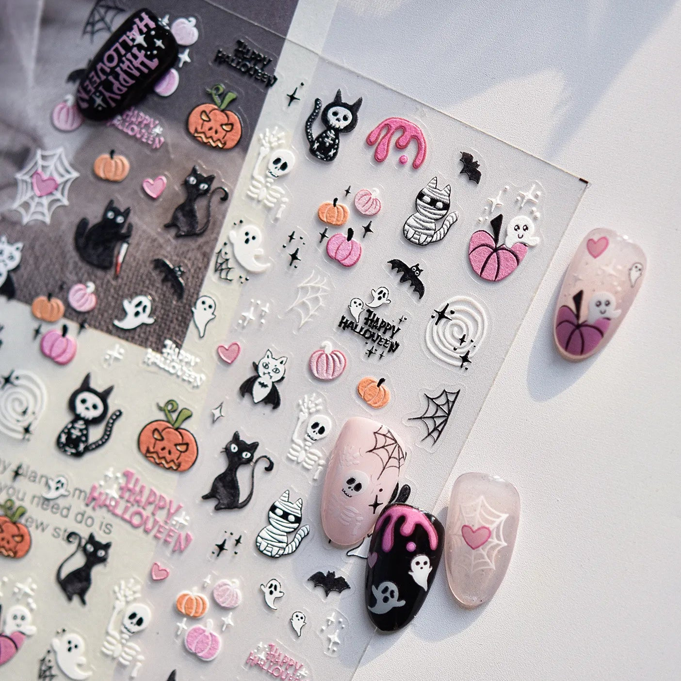 Cute Halloween 3D Nail Stickers - Spooky Cat, Ghost & Pumpkin Nail Art Decals