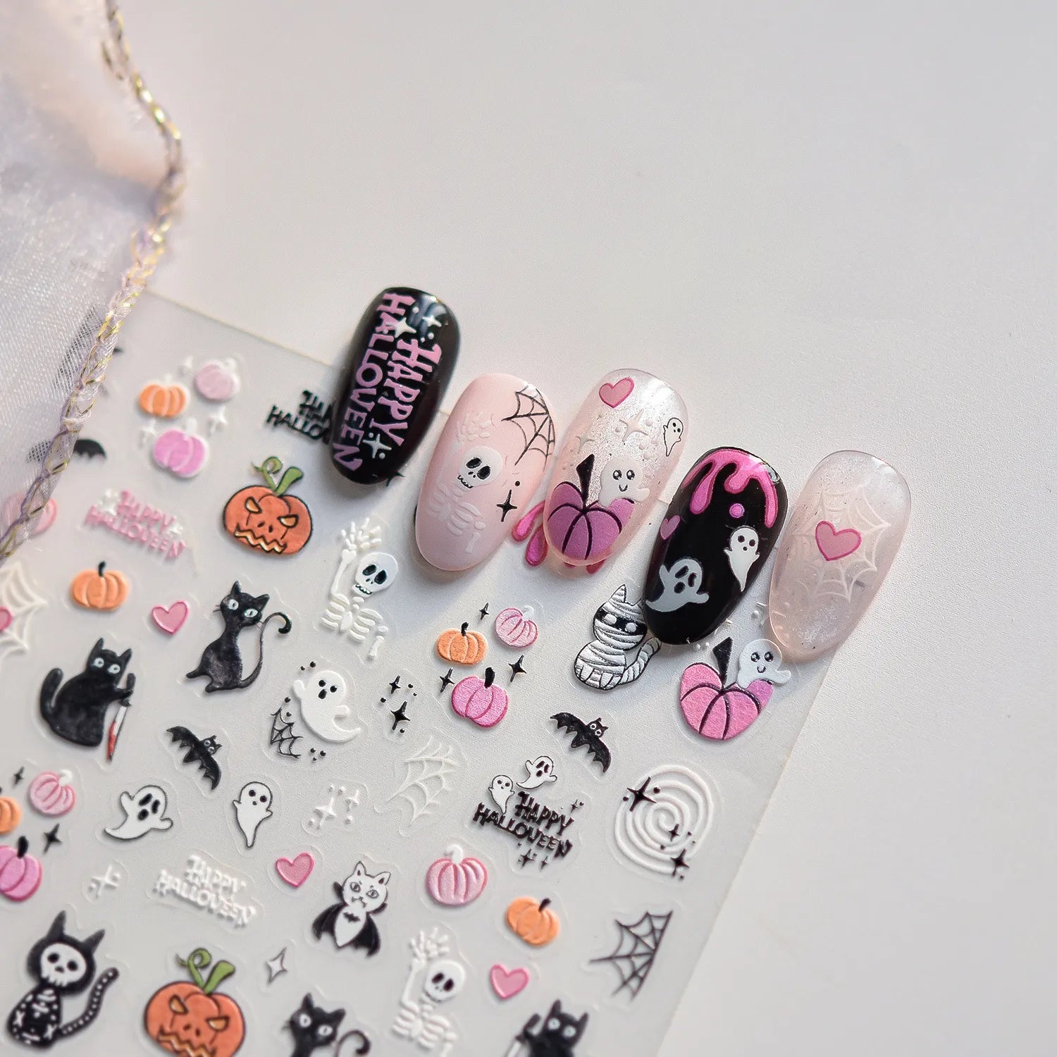 Cute Halloween 3D Nail Stickers - Spooky Cat, Ghost & Pumpkin Nail Art Decals