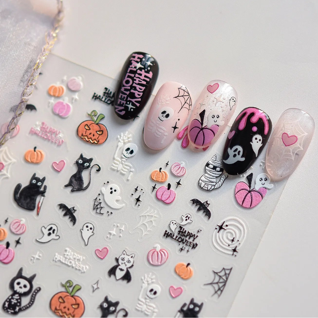 Cute Halloween 3D Nail Stickers - Spooky Cat, Ghost & Pumpkin Nail Art Decals
