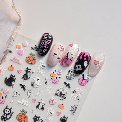 Cute Halloween 3D Nail Stickers - Spooky Cat, Ghost & Pumpkin Nail Art Decals