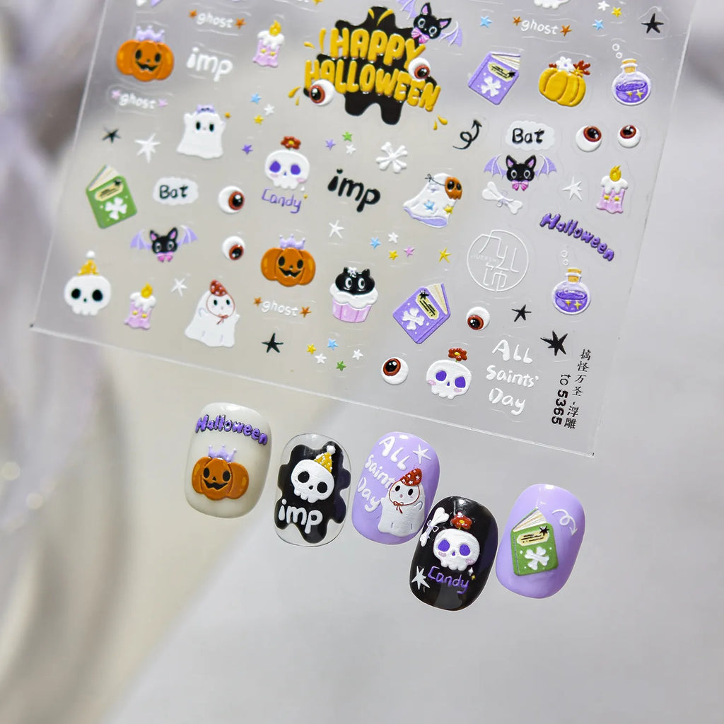 Cute Halloween Nail Stickers - Pumpkin Ghost Bat Skull Decals for Spooky Fun 5365