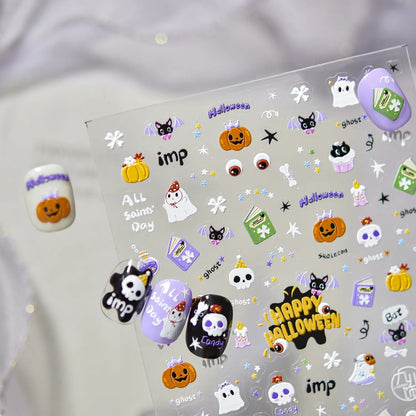 Cute Halloween Nail Stickers - Pumpkin Ghost Bat Skull Decals for Spooky Fun 5365