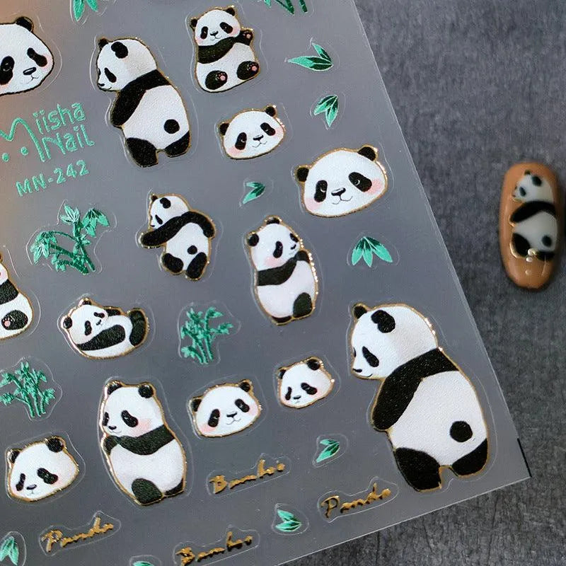 Cute Panda Nail Art Stickers 3D Adhesive Slider Panda Bamboo Sticker Decals MN242