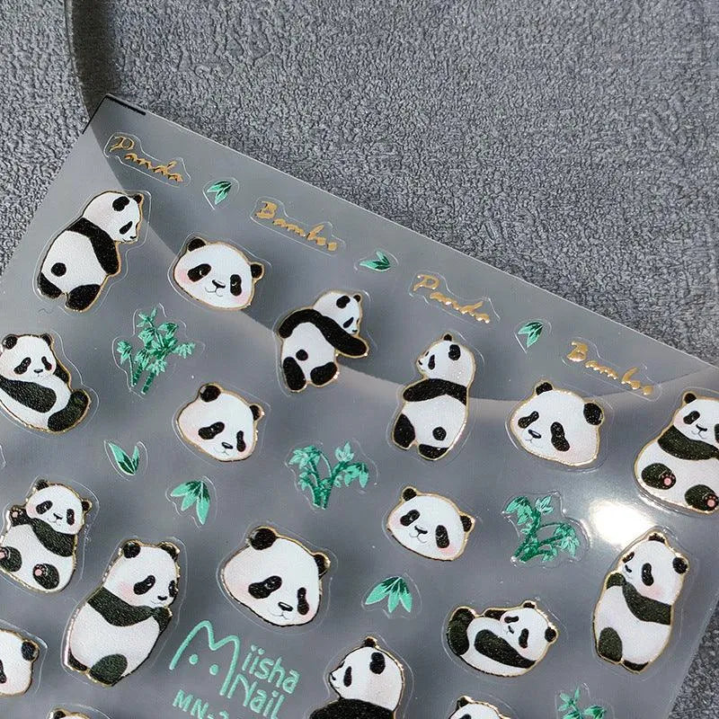 Cute Panda Nail Art Stickers 3D Adhesive Slider Panda Bamboo Sticker Decals MN242
