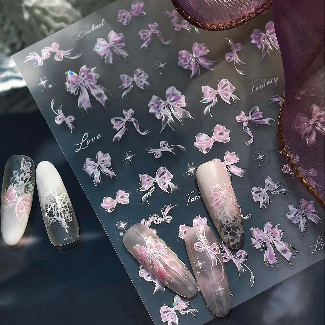 Cute Pink Bow Nail Stickers - Girly Ribbon Nail Art Decals M1174