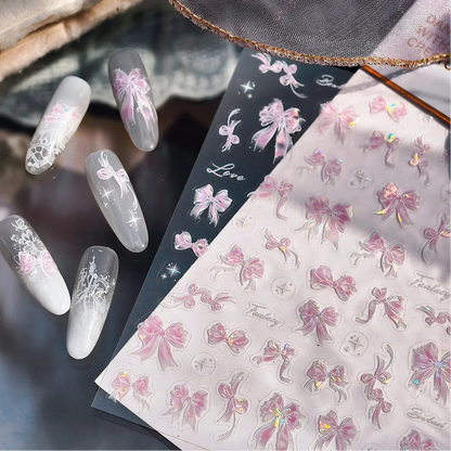 Cute Pink Bow Nail Stickers - Girly Ribbon Nail Art Decals M1174