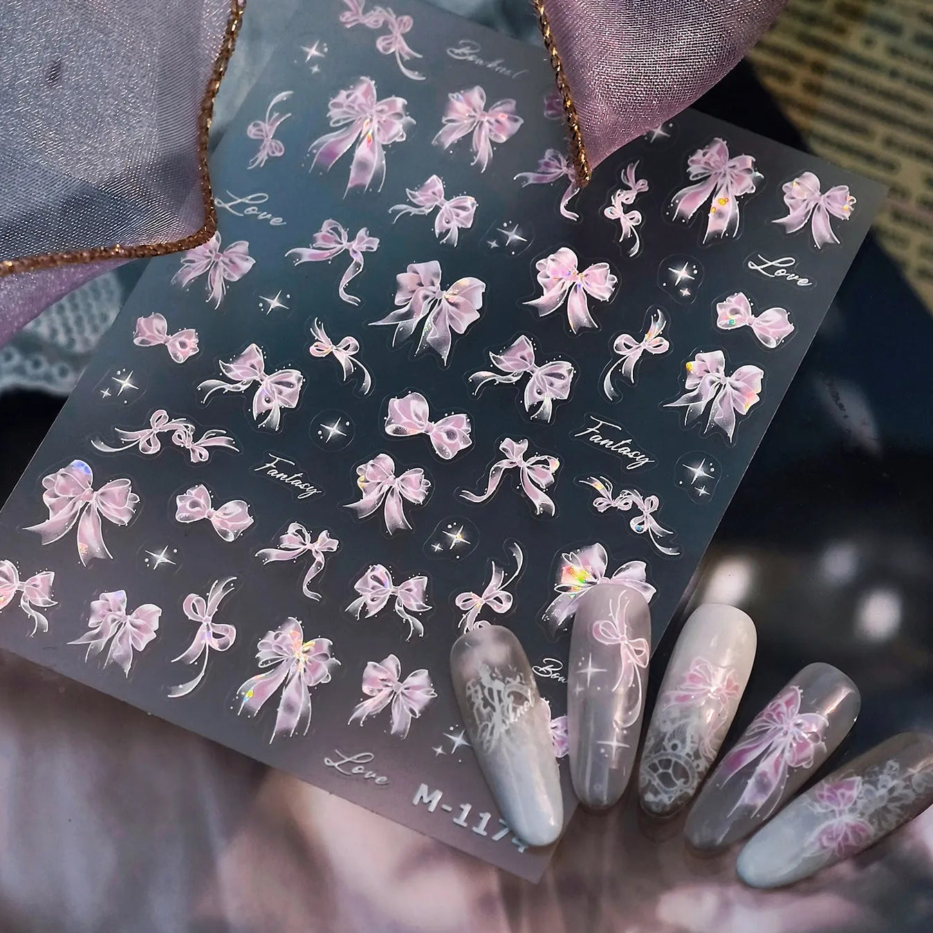 Cute Pink Bow Nail Stickers - Girly Ribbon Nail Art Decals M1174