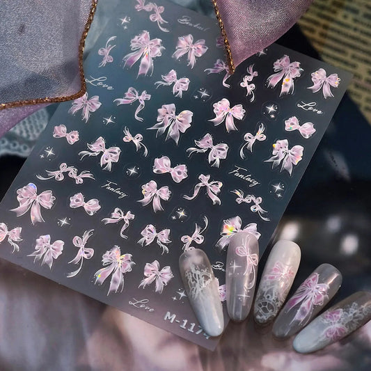 Cute Pink Bow Nail Stickers - Girly Ribbon Nail Art Decals M1174