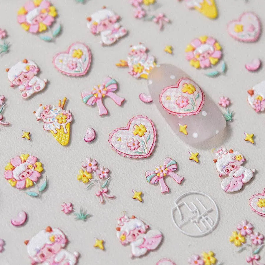 Cute Sheep Nail Art Stickers Adhesive Embossed Pink Flower Sticker Decals to3607