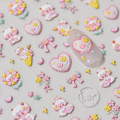 Cute Sheep Nail Art Stickers Adhesive Embossed Pink Flower Sticker Decals to3607