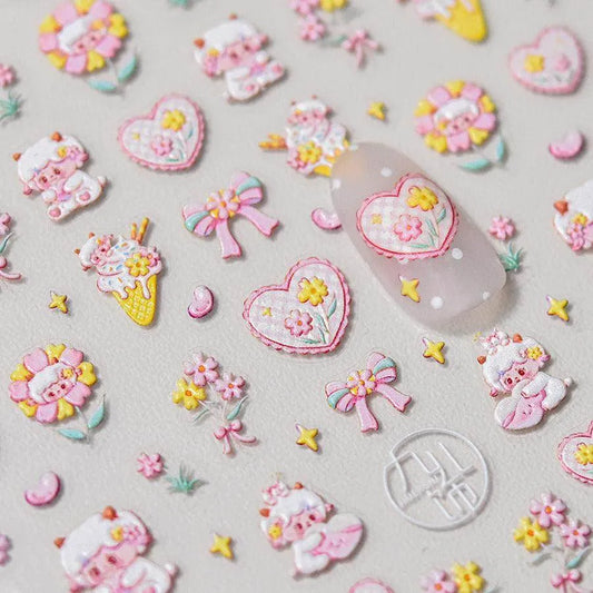 Cute Sheep Nail Art Stickers Adhesive Embossed Pink Flower Sticker Decals to3607