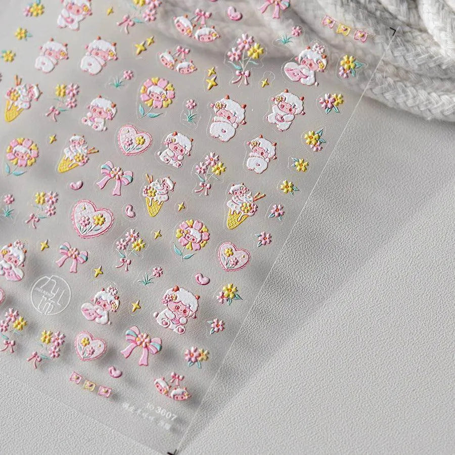 Cute Sheep Nail Art Stickers Adhesive Embossed Pink Flower Sticker Decals to3607