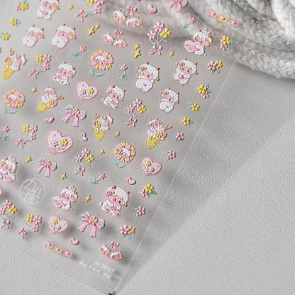 Cute Sheep Nail Art Stickers Adhesive Embossed Pink Flower Sticker Decals to3607