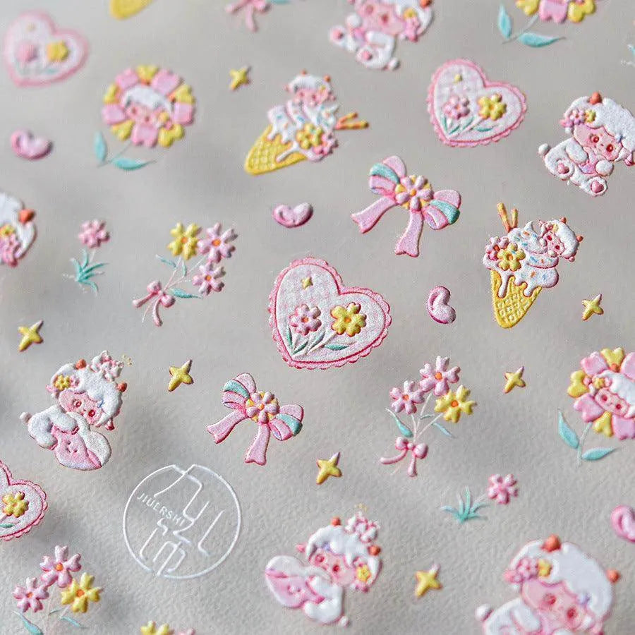 Cute Sheep Nail Art Stickers Adhesive Embossed Pink Flower Sticker Decals to3607