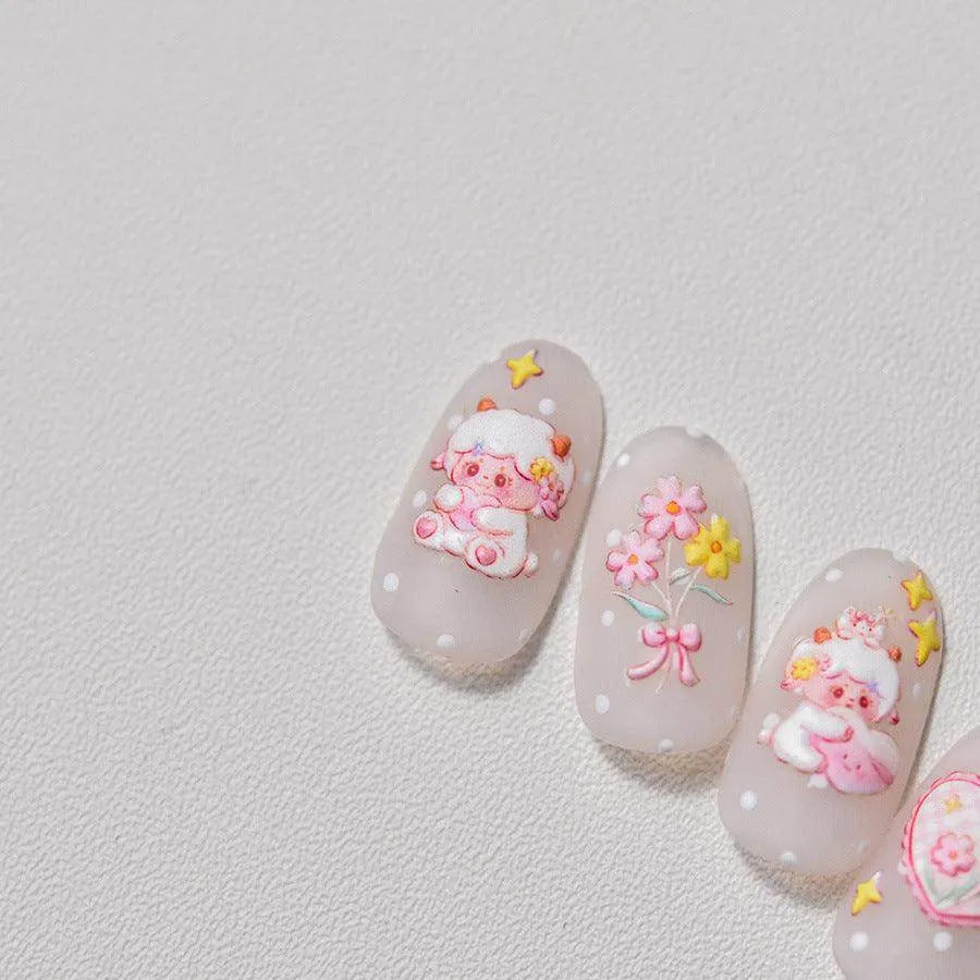 Cute Sheep Nail Art Stickers Adhesive Embossed Pink Flower Sticker Decals to3607