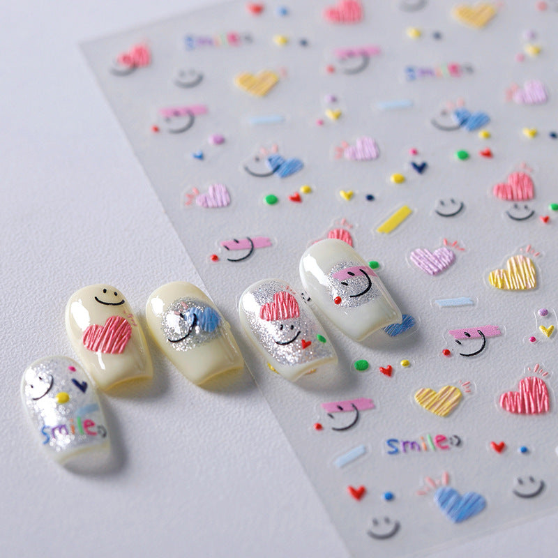 Cute Smile Face & Scribble Heart Nail Stickers Decals 3800