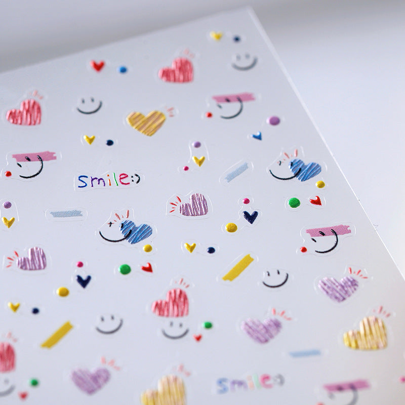 Cute Smile Face & Scribble Heart Nail Stickers Decals 3800
