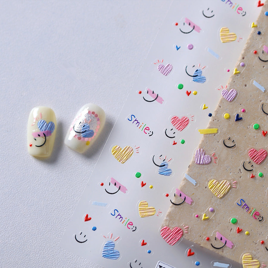 Cute Smile Face & Scribble Heart Nail Stickers Decals 3800